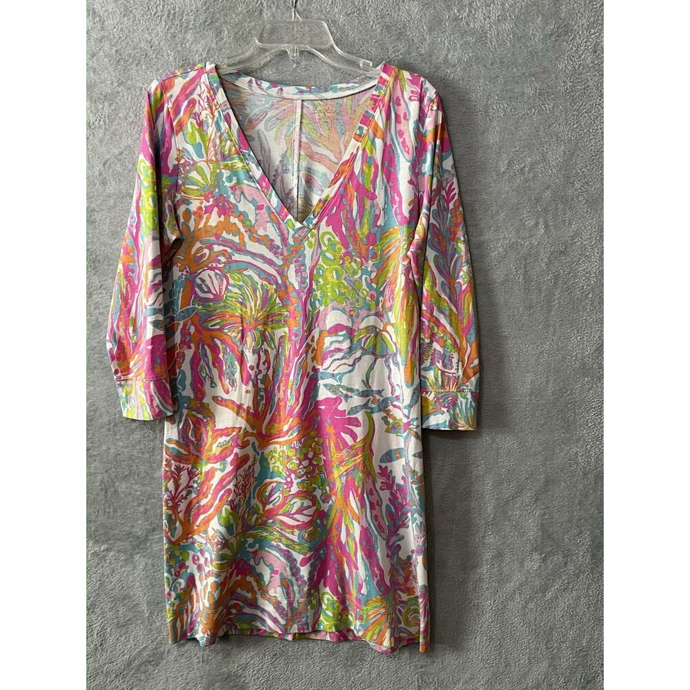 LILLY PULITZER Christie Shirt Dress Large Multicolor Tropical Pima Cotton Beach